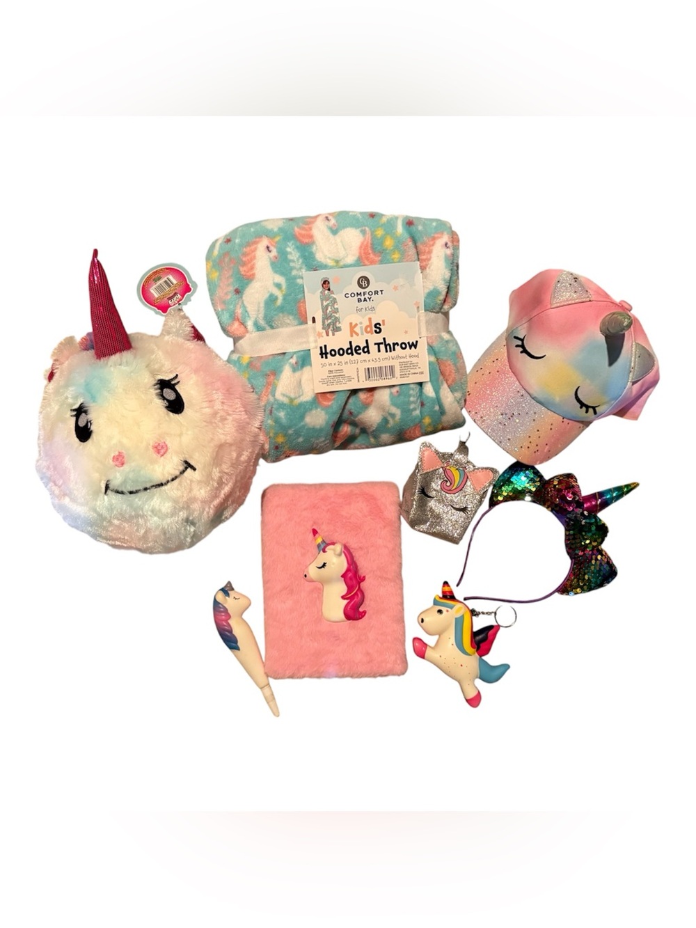Unicorn-themed Gift Set Bundle Plush Ball Hooded Throw Journal Pen Headwear NEW